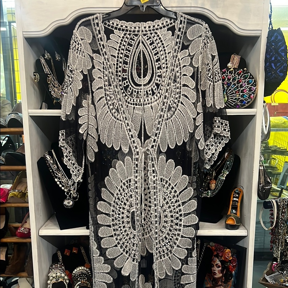 Black and White Sheer Embroidered Cover-Up